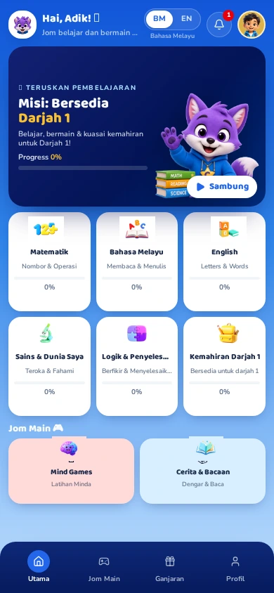 Dashboard asal aplikasi Cilik dengan misi, enam bidang pembelajaran dan aktiviti Jom Main